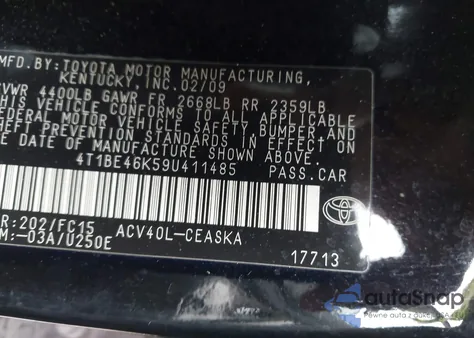 2009 Toyota Camry Se from USA, damaged, VIN 4T1BE46K59U411485